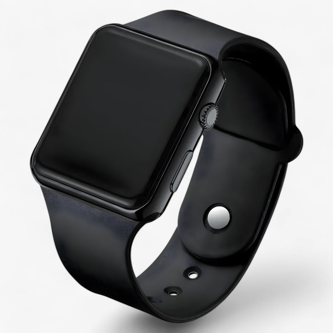 Minimalistisch digitaal unisex horloge Leo met strak vierkant design en comfortabele siliconen polsband. Stijlvol dagelijks.
