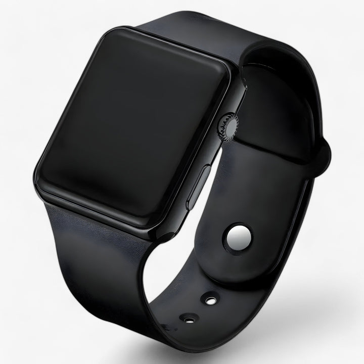 Minimalistisch digitaal unisex horloge Leo met strak vierkant design en comfortabele siliconen polsband. Stijlvol dagelijks.