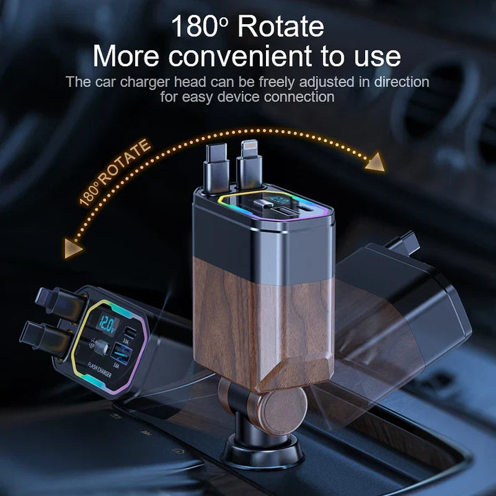 Moderne 4-in-1 autolader met intrekbare USB-C kabels, geschikt voor snel opladen van al je gadgets.