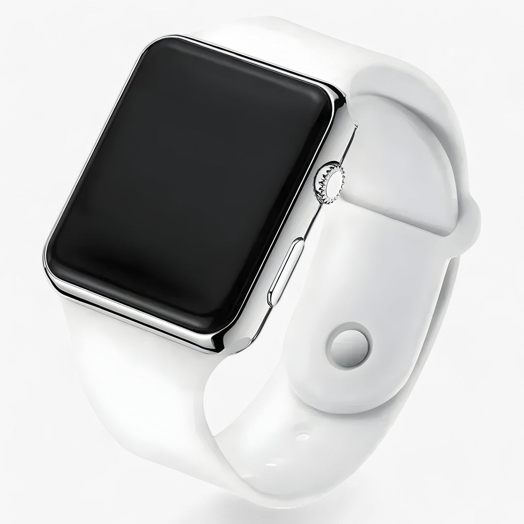 Modern unisex digitaal horloge Leo met strakke lijnen en vierkante wijzerplaat. Een comfortabel accessoire voor elke gelegenheid.