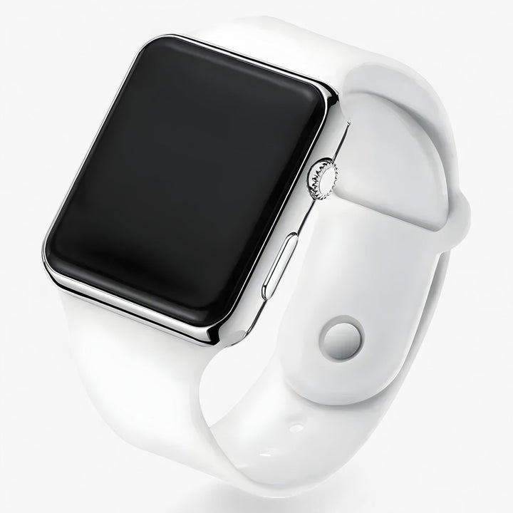 Modern unisex digitaal horloge Leo met strakke lijnen en vierkante wijzerplaat. Een comfortabel accessoire voor elke gelegenheid.
