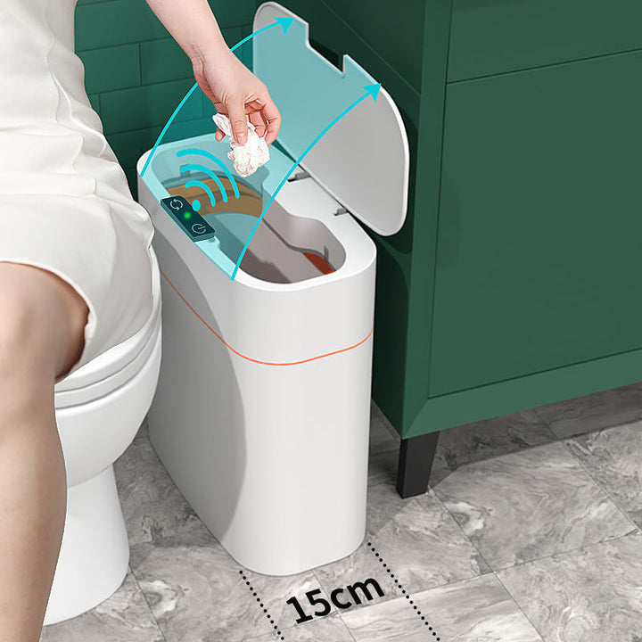 Oranje 13L slimme sensor prullenbak voor automatisch en hygiënisch afvalbeheer. Ideaal voor keuken/badkamer.