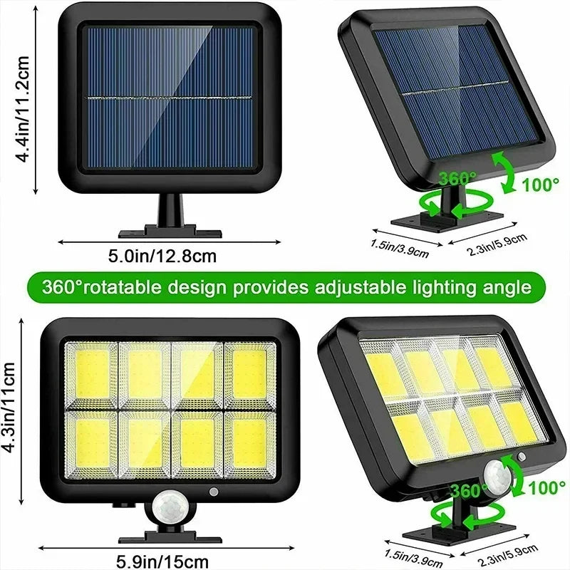Energiezuinig 100 COB LED solarlicht met bewegingssensor, IP65 waterdicht voor veilige buitenverlichting.