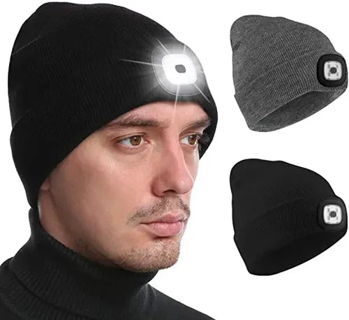 Unisex warme LED beanie muts met licht, ideaal voor winterse avonden en betere zichtbaarheid buiten.