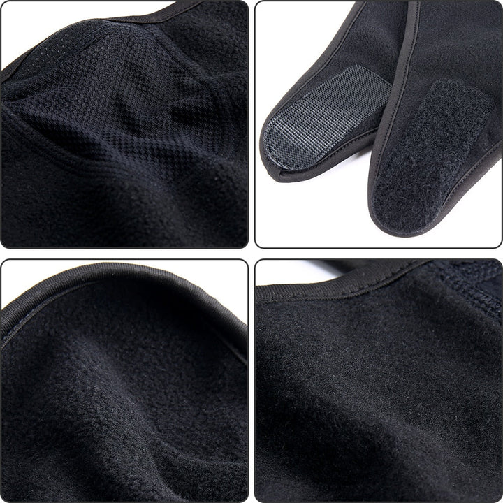 Zwarte thermische hals- en gezichtswarmer van ademend fleece. Perfect voor outdoor sporten en winterkleding.