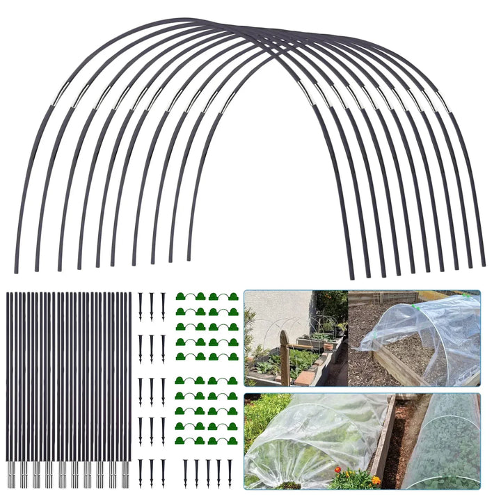 FlexGrow tuinboogset met glasvezel plantentunnel beschermt jonge moestuinplanten in verhoogd bed tegen weersinvloeden.