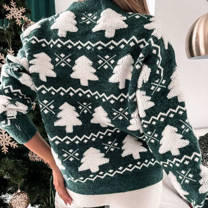 Warme en comfortabele dames kersttrui met feestelijke kerstboom print. Essentiële dameskleding voor de winter.