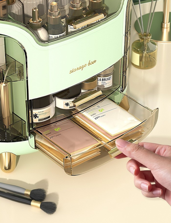 Groene luxe make-up organizer, een stijlvolle en functionele toevoeging aan elke beautyhoek.