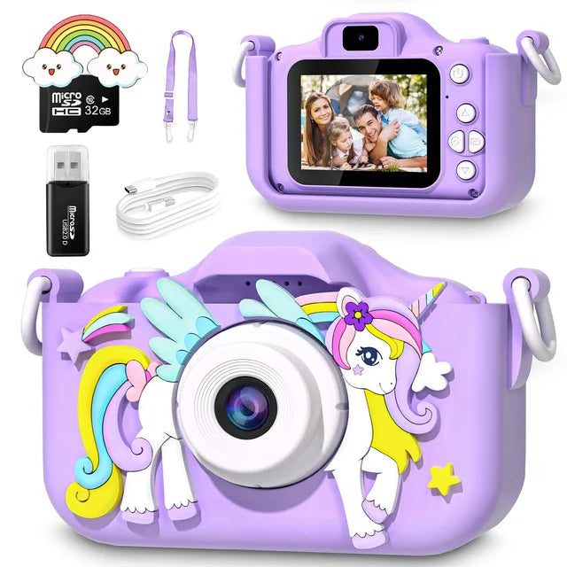 Digitale kindercamera met eenhoorn design. Maak scherpe HD foto's en video's. Inclusief 32GB SD.