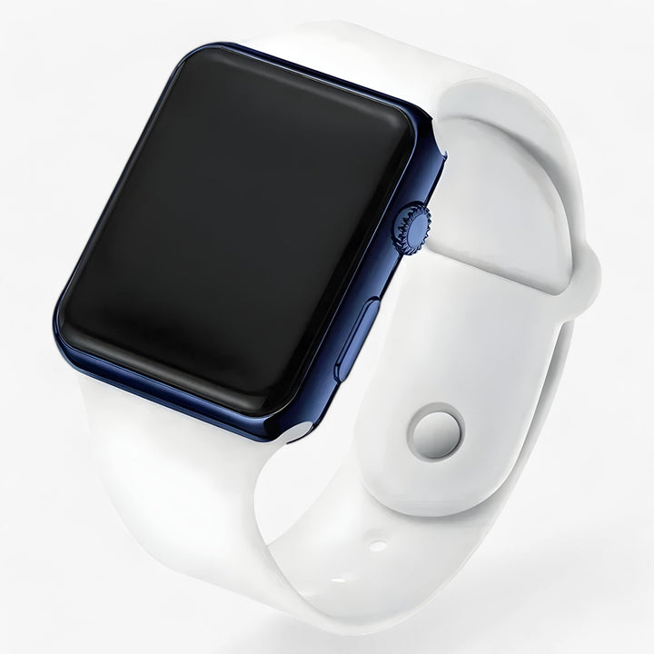Veelzijdig unisex horloge Leo: digitaal, vierkant, met siliconen band. Perfect voor sportief, dagelijks of elegant gebruik.