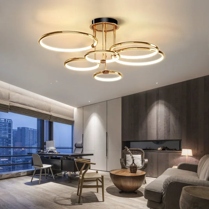 Zwarte moderne LED plafondlamp met geometrische ringen, energiezuinige design verlichting.