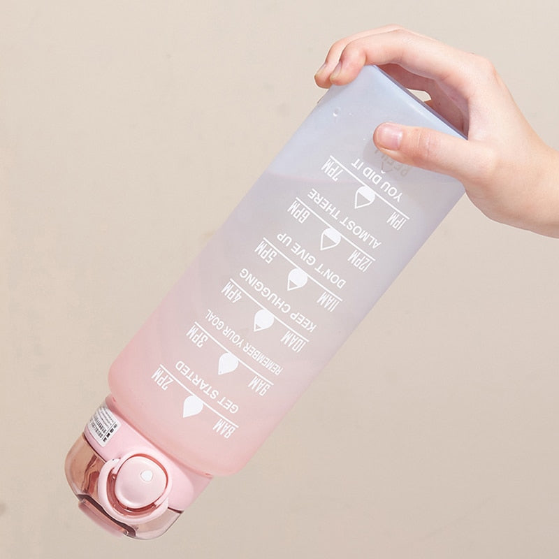 Motivatie waterfles met inspirerende citaten en tijdsaanduidingen om je drinkdoelen te halen.