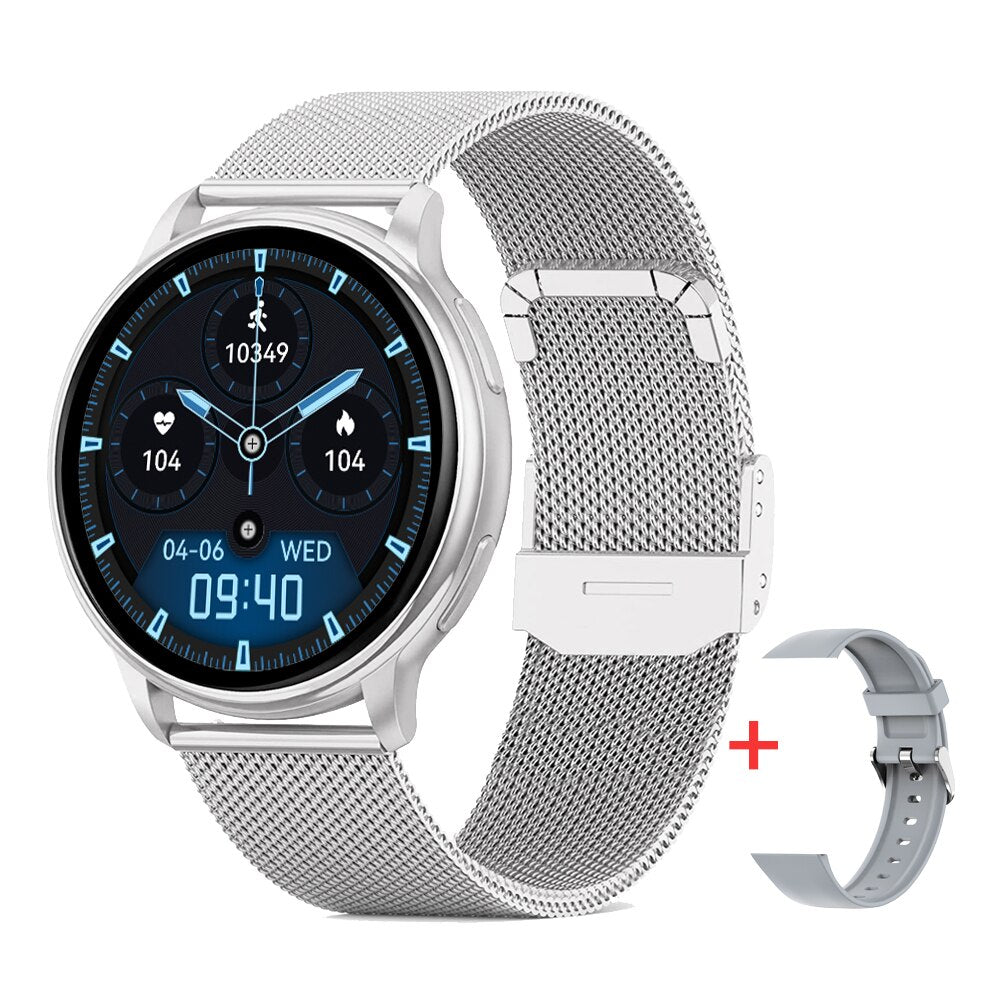 Stijlvolle draadloze smartwatch met kleurenscherm, ingebouwde stappenteller, bloeddrukmeter en slaapmonitor.