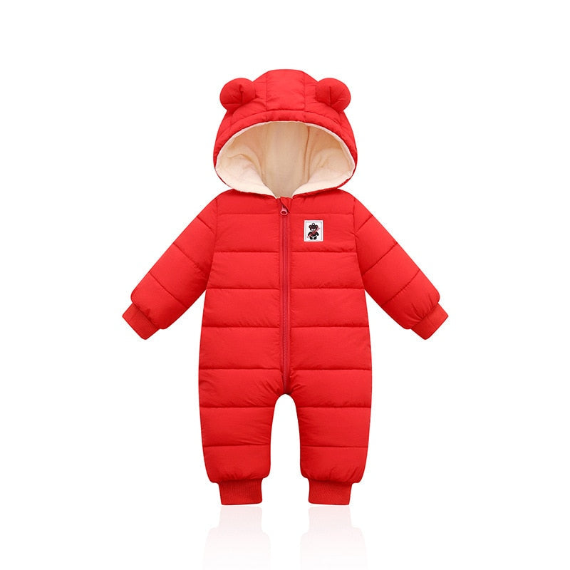 Warme baby winterromper met capuchon en schattige oortjes. Ideaal voor koude dagen.