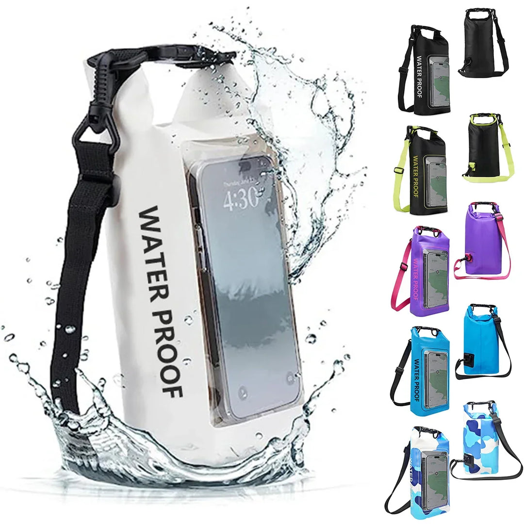 Waterdichte 2L dry bag met touchscreen venster, ideaal voor watersport & outdoor avonturen.