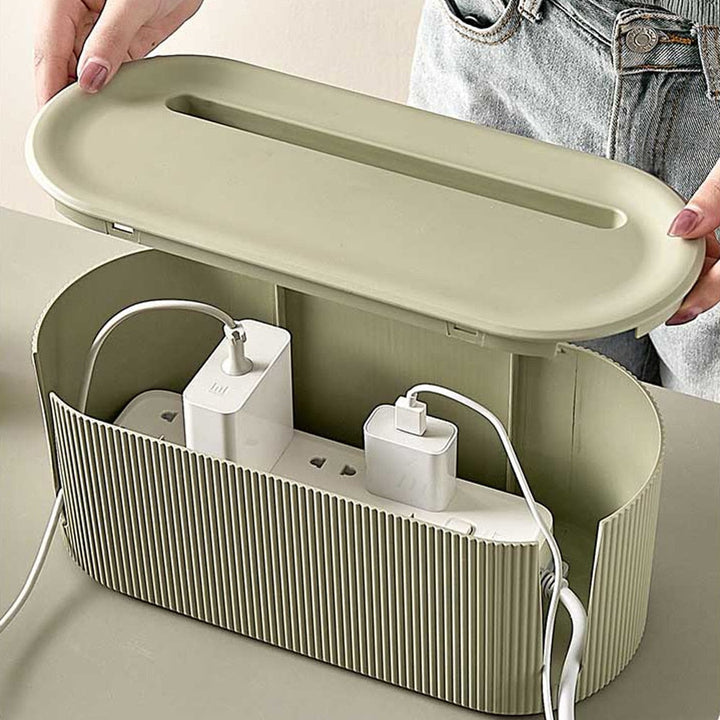 Witte universele kabel opbergbox, ideaal voor snoerbeheer en een opgeruimd huis of kantoor.