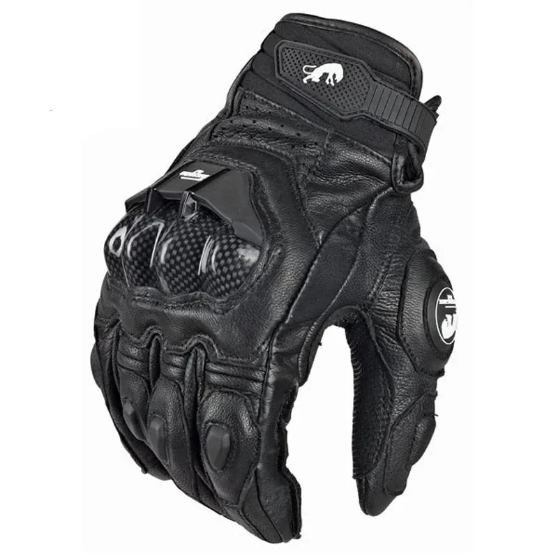 Zwarte leren unisex winter motorhandschoenen, winddicht, waterdicht en carbon knokkelbescherming voor optimaal comfort.