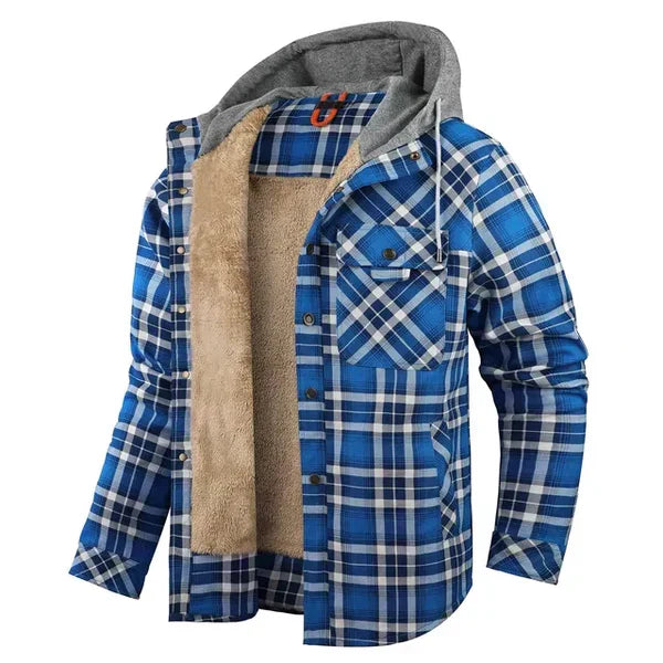 Gedetailleerde foto van het geruite patroon en de zachte stof van het heren overshirt met capuchon.