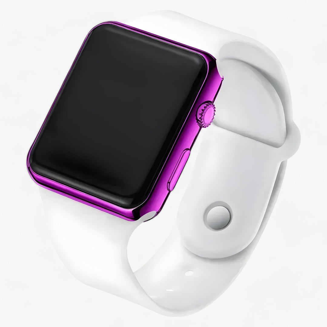 Zijkant van het slanke unisex digitale horloge Leo, met vierkante kast en flexibele siliconen horlogeband. Modern en comfortabel.