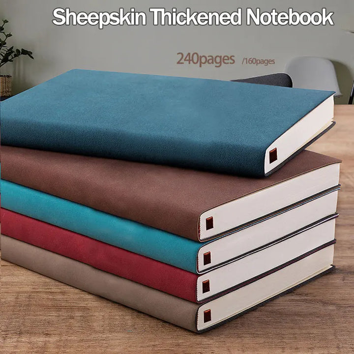 Detail van het unieke PU leren notitieboek met pluizige schapenvachtlook textuur, comfortabel om vast te houden.