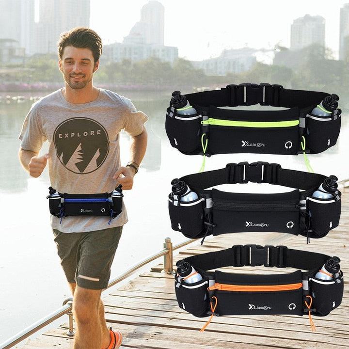 Zwarte, waterdichte hardloop heuptas met bidonhouders, ideaal voor hardlopen, wandelen en training.