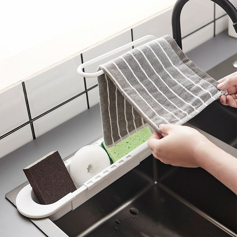 Moderne aanrecht organizer met drainagesysteem; houdt je spoelbak accessoires droog en netjes.