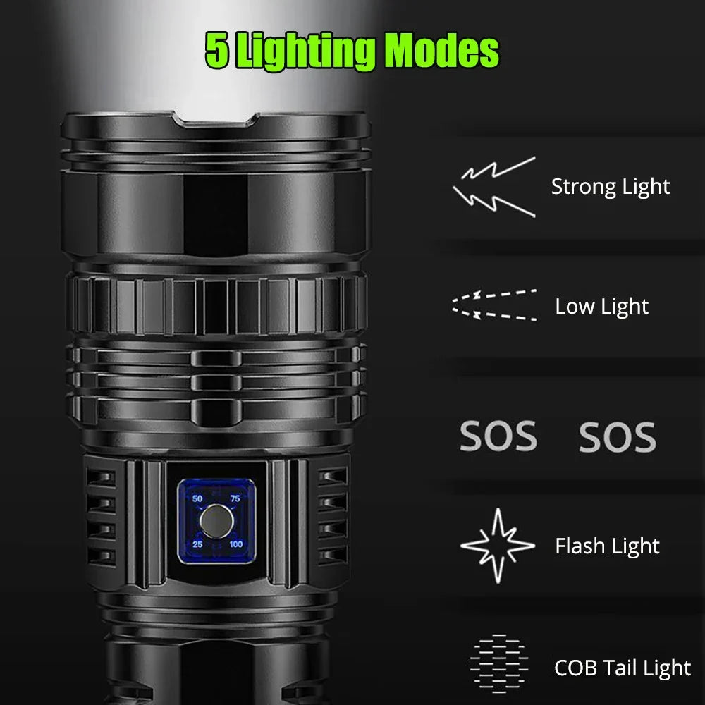 Robuuste waterdichte aluminium LED zaklamp (10000 lumen) voor intensief outdoor gebruik, survival en noodverlichting.