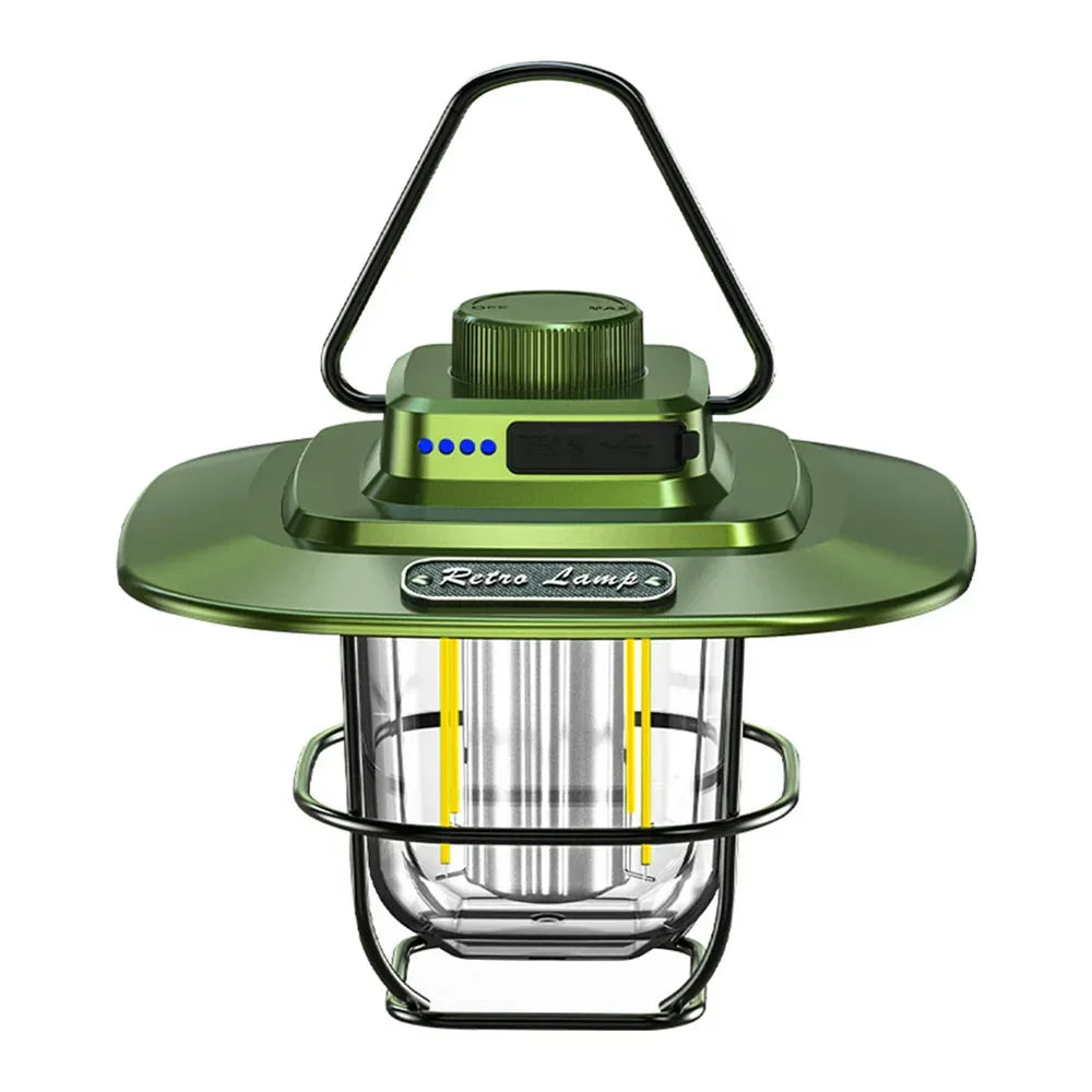 Draagbare retro LED kampeerlantaarn, oplaadbaar, ideaal voor sfeervol licht op de camping of terras.