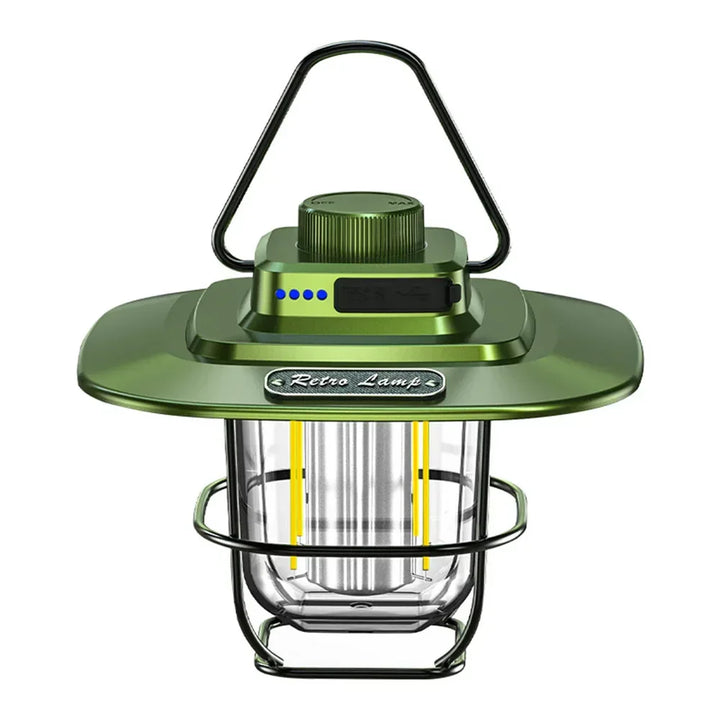 Draagbare retro LED kampeerlantaarn, oplaadbaar, ideaal voor sfeervol licht op de camping of terras.