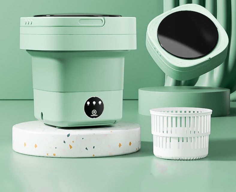 Handige opvouwbare mini wasmachine met droger, perfect voor snel opfrissen van klein wasgoed tussendoor.