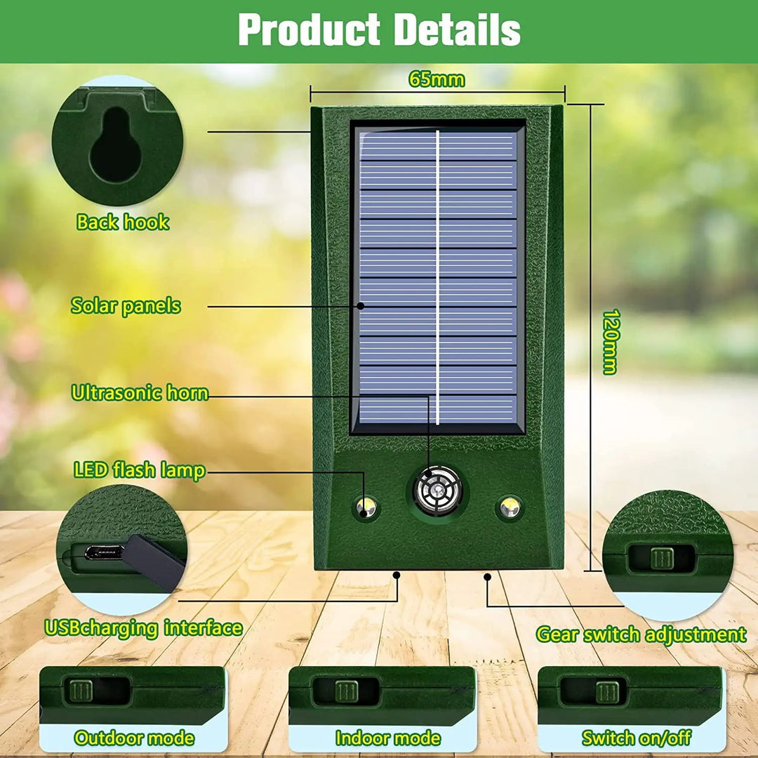 Compacte vogelverschrikker op zonne-energie met ultrasoon geluid, LED en bewegingssensor voor buiten in de tuin.