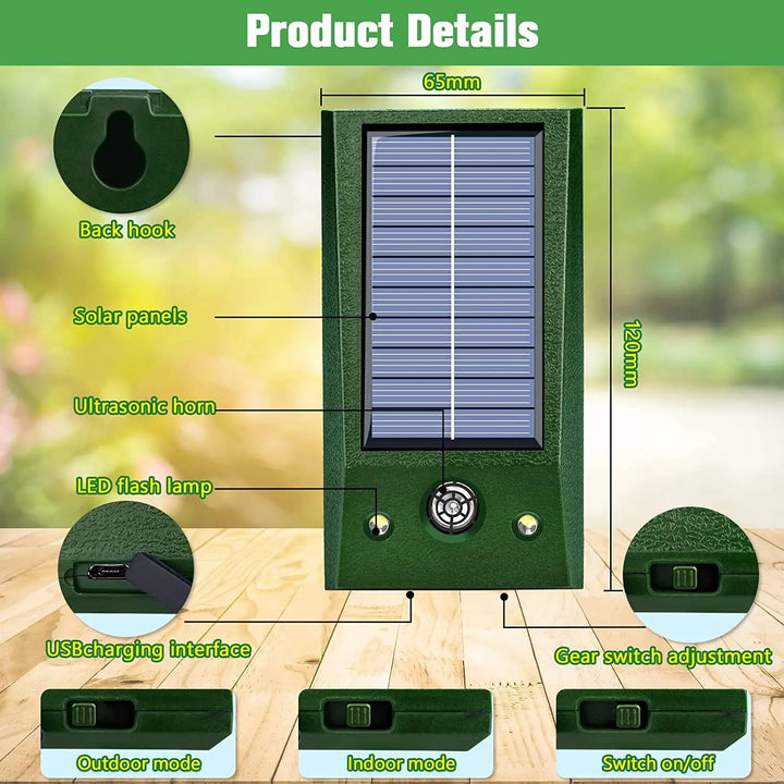Compacte vogelverschrikker op zonne-energie met ultrasoon geluid, LED en bewegingssensor voor buiten in de tuin.