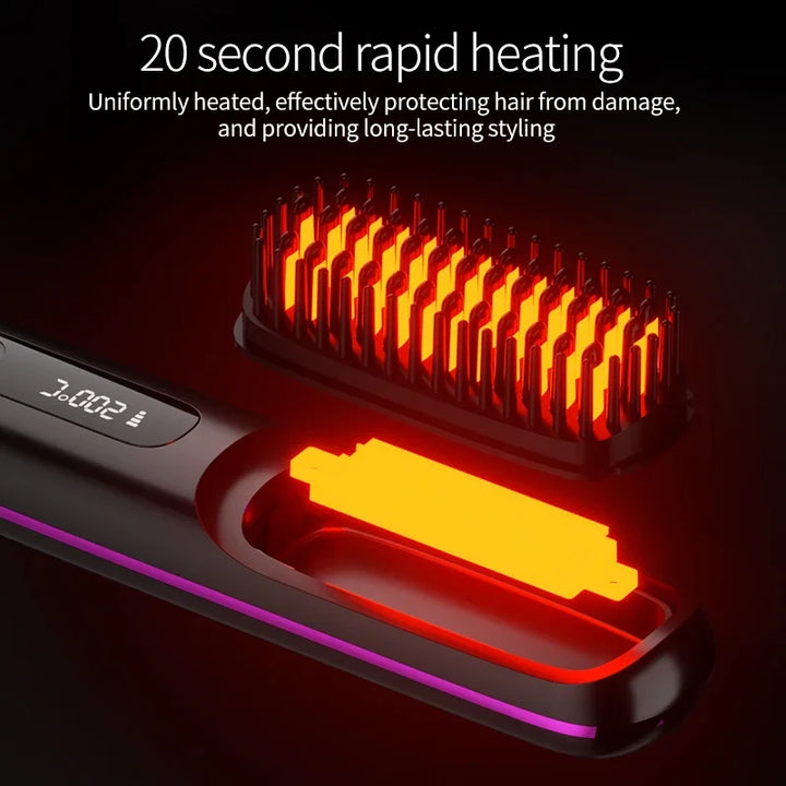 Zwarte draadloze haarstyler met keramische platen, ionenfunctie en duidelijk LCD-display voor precieze styling.