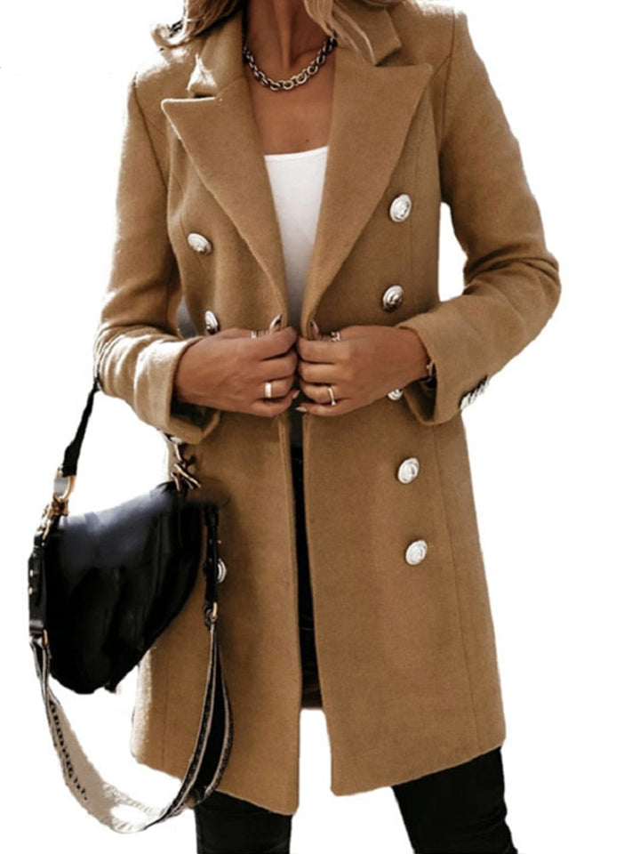 Lange dames jas, klassieke trenchcoat met reverskraag, ideaal voor zakelijke en casual looks.