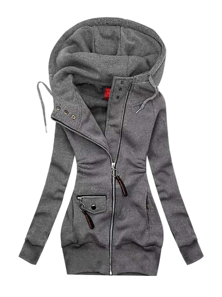 Veelzijdige dames jas met capuchon en trekkoord, rits. Lange mouwen hoodie, perfect voor lente en herfst.