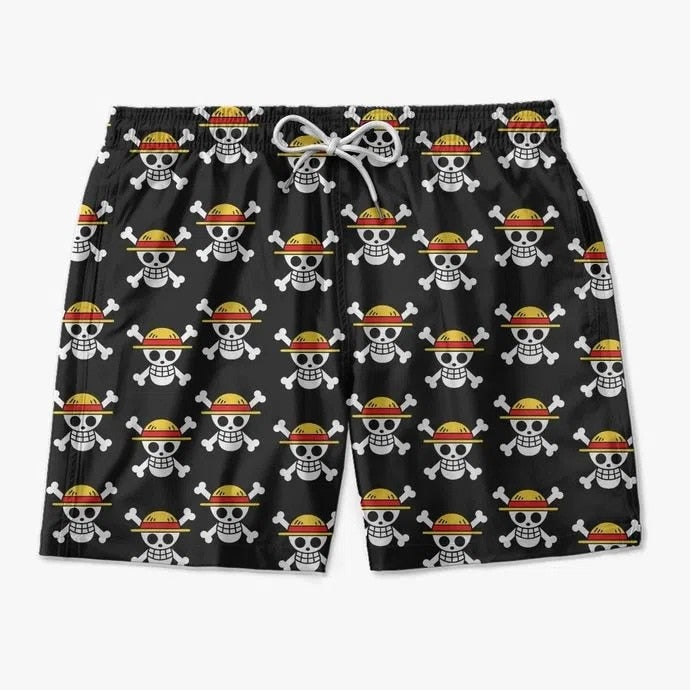 Close-up van de Zahi heren zwemshort, gedetailleerd patroon van vlammen en doodskoppen. Perfecte strandmode.