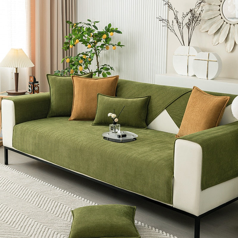 Luxe chenille bankbeschermer met visgraatpatroon, antislip voor optimale meubelbescherming.