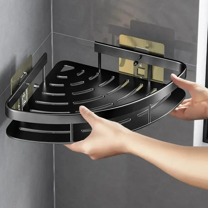 Zilver aluminium badkamer hoekrek, borenvrij en makkelijk te monteren. Ideaal voor doucheopslag.