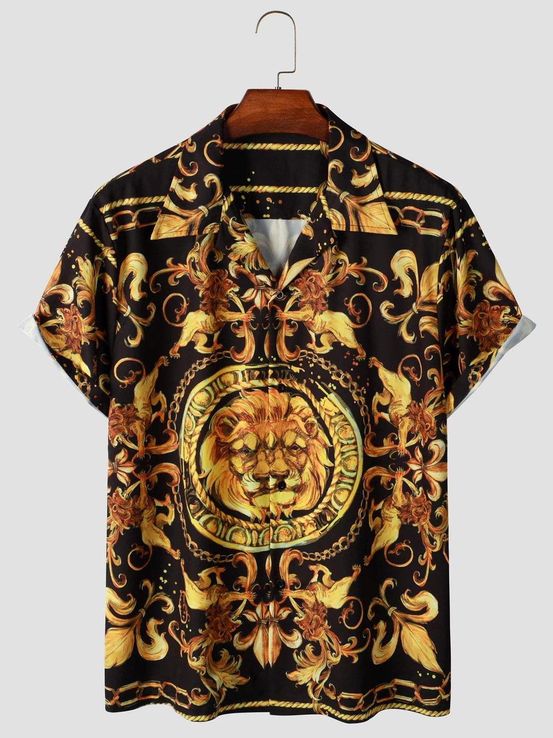 Luxe heren overhemd met barok print en gouden accenten, korte mouw, perfect voor avondjes uit.