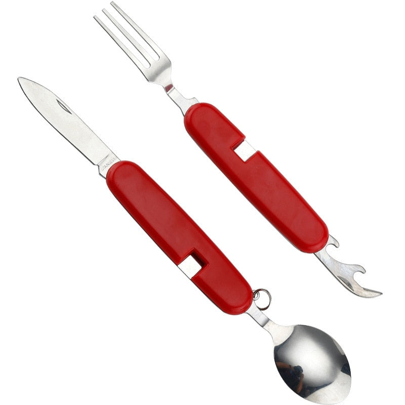 Multifunctionele 4-in-1 bestekset voor camping, inclusief mes, vork, lepel en flesopener.