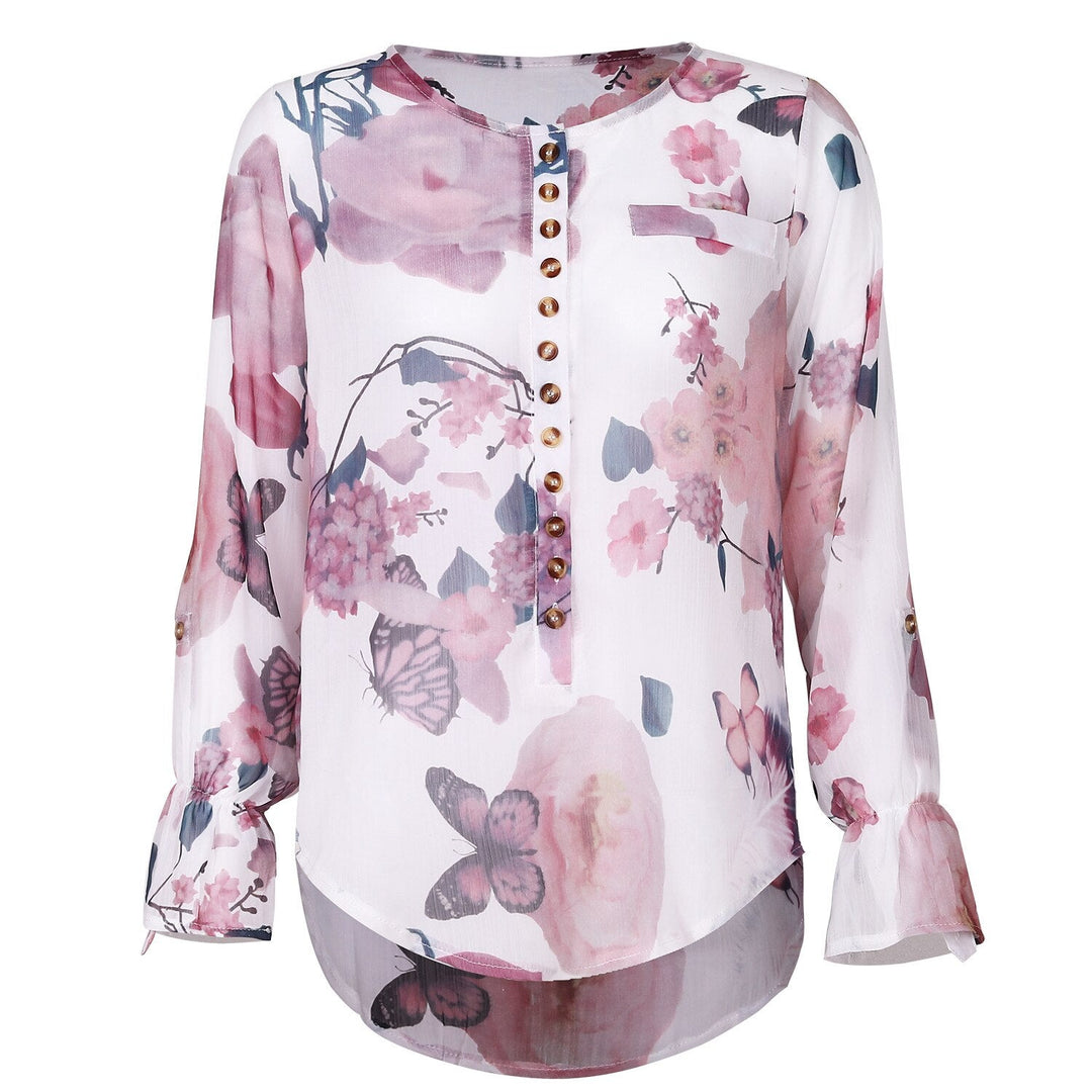 Vrolijke dames zomer top, kleurrijke bloemenprint, luchtige stof. Perfect voor casual fashion, V-hals en halve mouw.