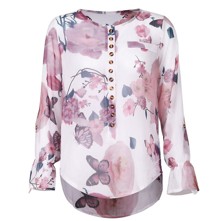 Vrolijke dames zomer top, kleurrijke bloemenprint, luchtige stof. Perfect voor casual fashion, V-hals en halve mouw.