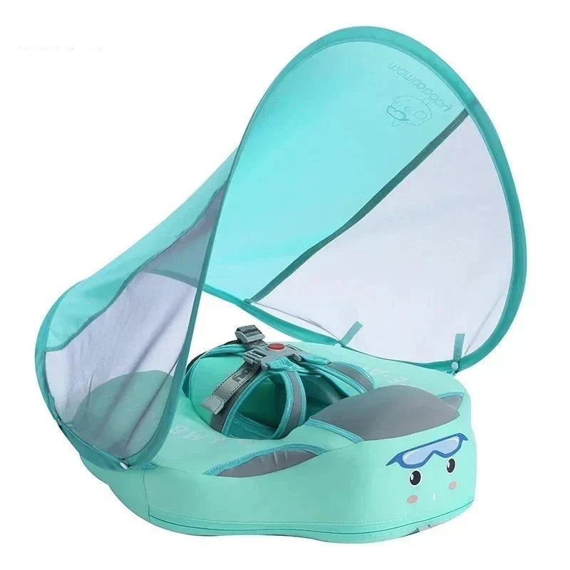 Groene baby & peuter zwemtrainer voor watergewenning, met zonnescherm. Veilig zwemmen voor kleintjes.