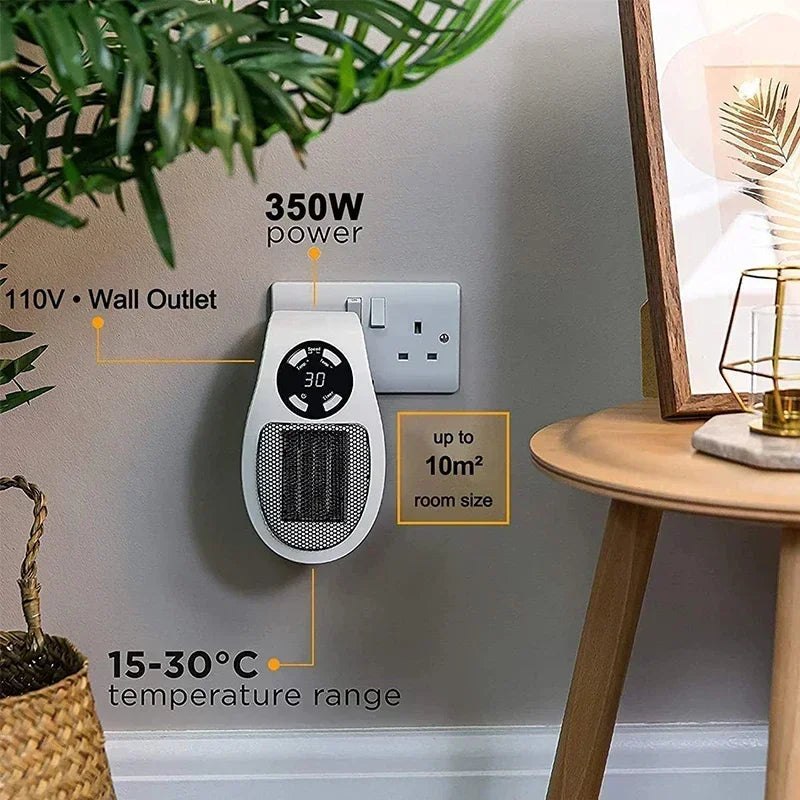 Plug-in wandverwarming met draaibare stekker voor flexibele plaatsing. Compacte kachel met LED en timer.
