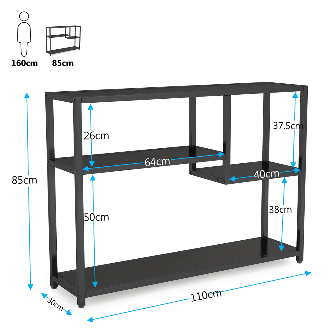 Zwarte industriële gangtafel met 4 planken, perfect voor opbergruimte en decoratie in een moderne hal.