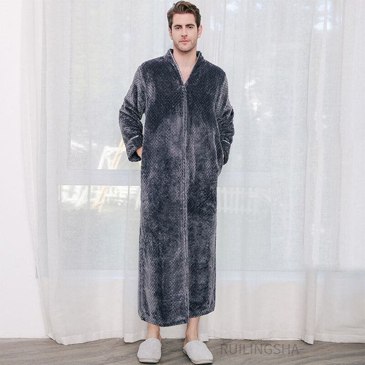 Lange unisex badjas met rits, zacht en warm, ideaal voor loungewear in de winter.