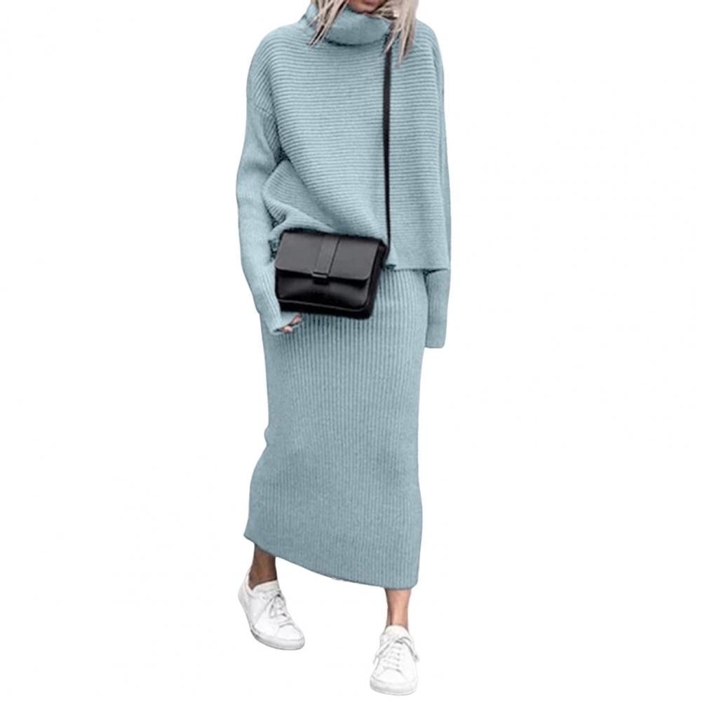 Dames comfortabele gebreide rok en trui set in neutrale kleur; stijlvolle veelzijdige kleding.
