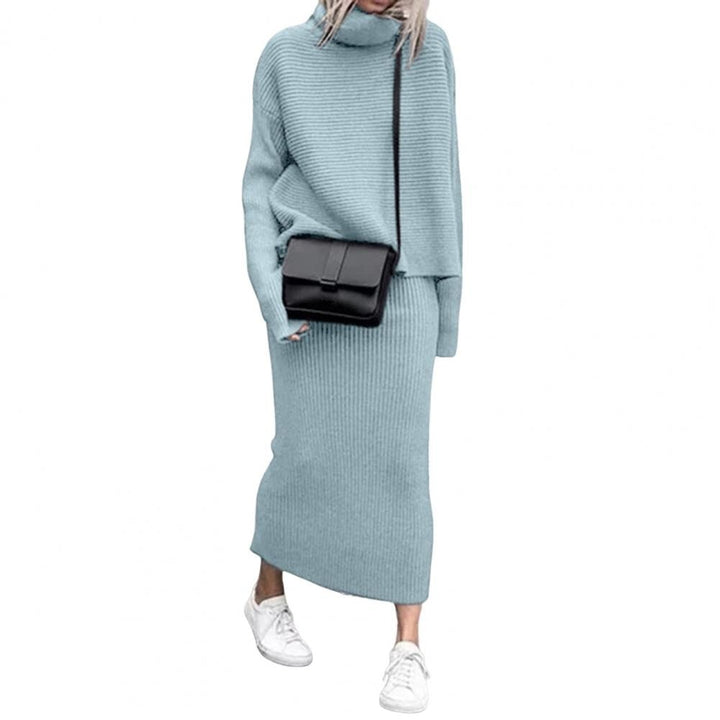 Dames comfortabele gebreide rok en trui set in neutrale kleur; stijlvolle veelzijdige kleding.