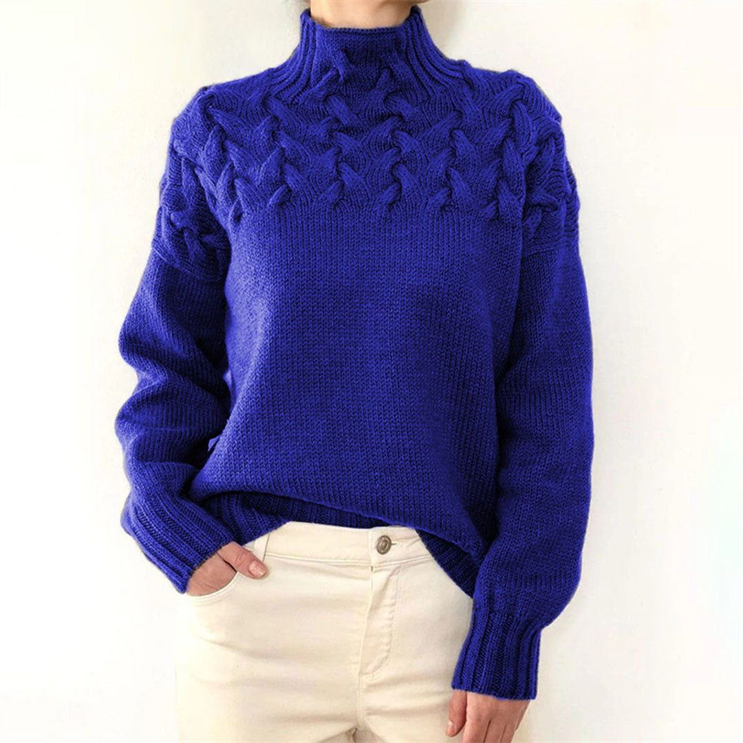 Comfortabele dames herfsttrui, gebreid met hoge col. Trendy en warm voor de koude maanden.