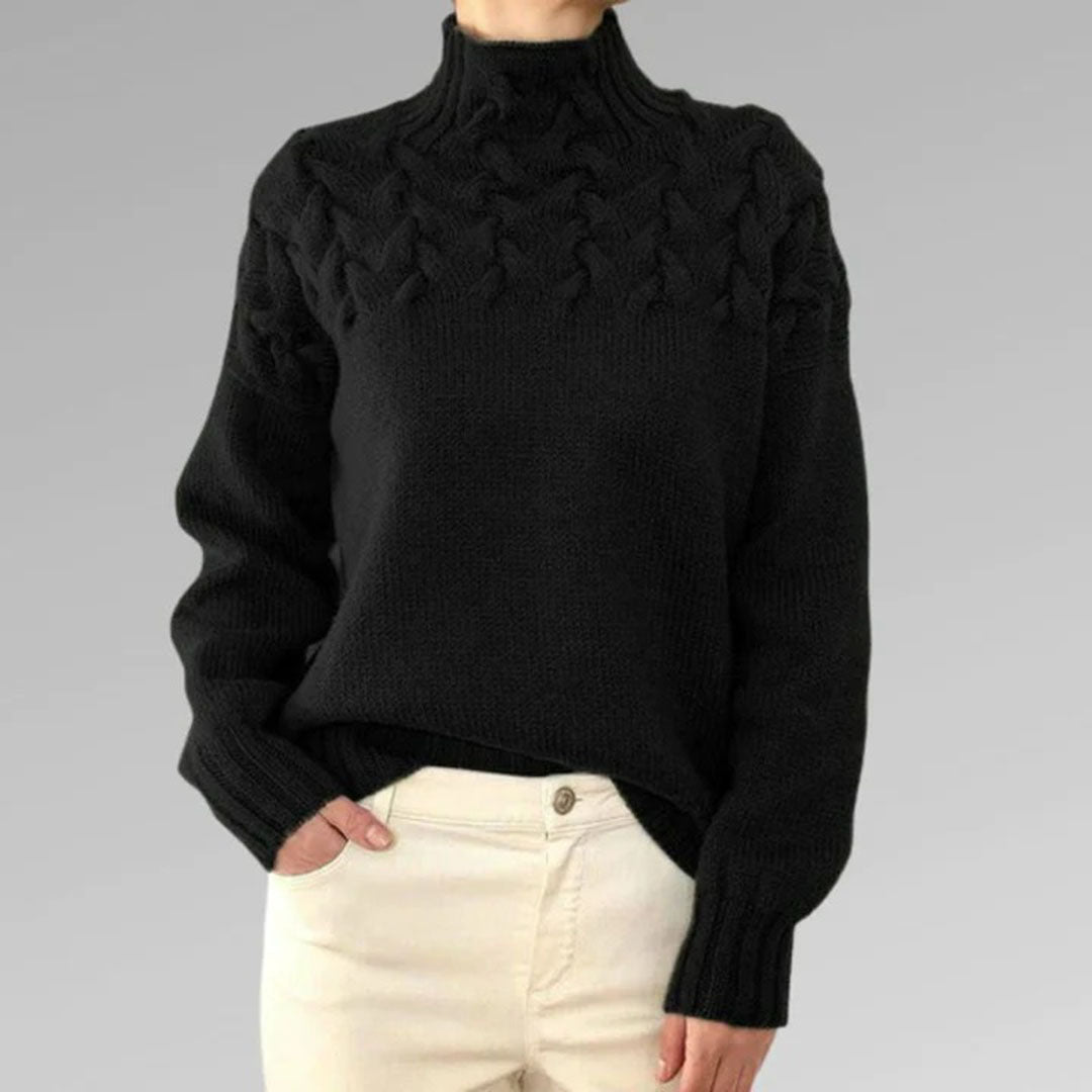 Trendy vrouwentrui, gebreid met lange pasvorm en col. Perfecte herfst-winterkleding voor modebewuste vrouwen.